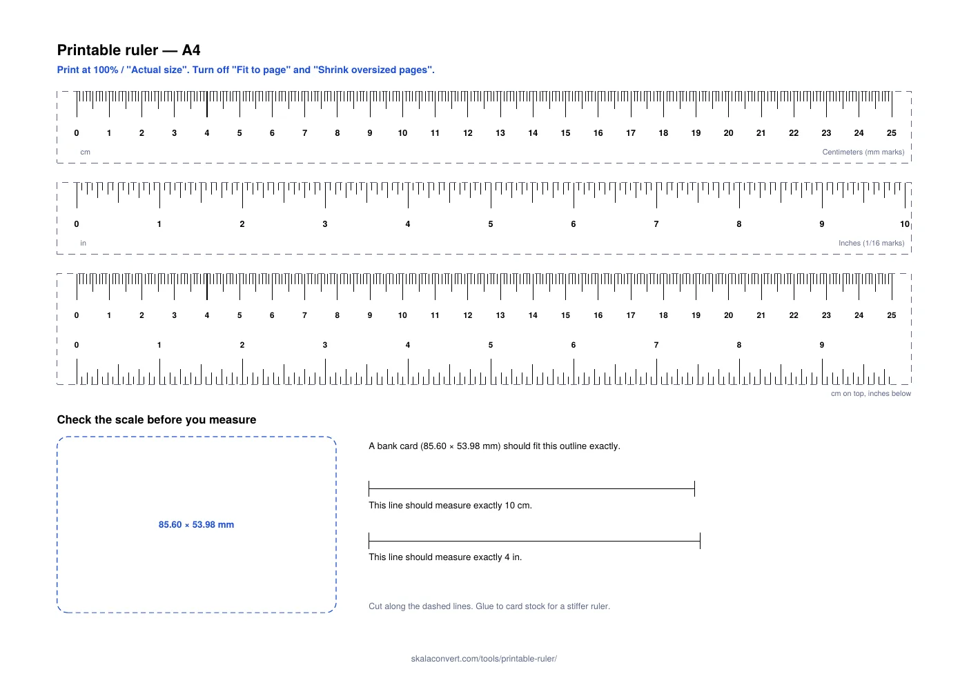 Preview of the printable ruler page: a centimeter ruler, an inch ruler, a combined ruler and a bank-card outline for checking the scale